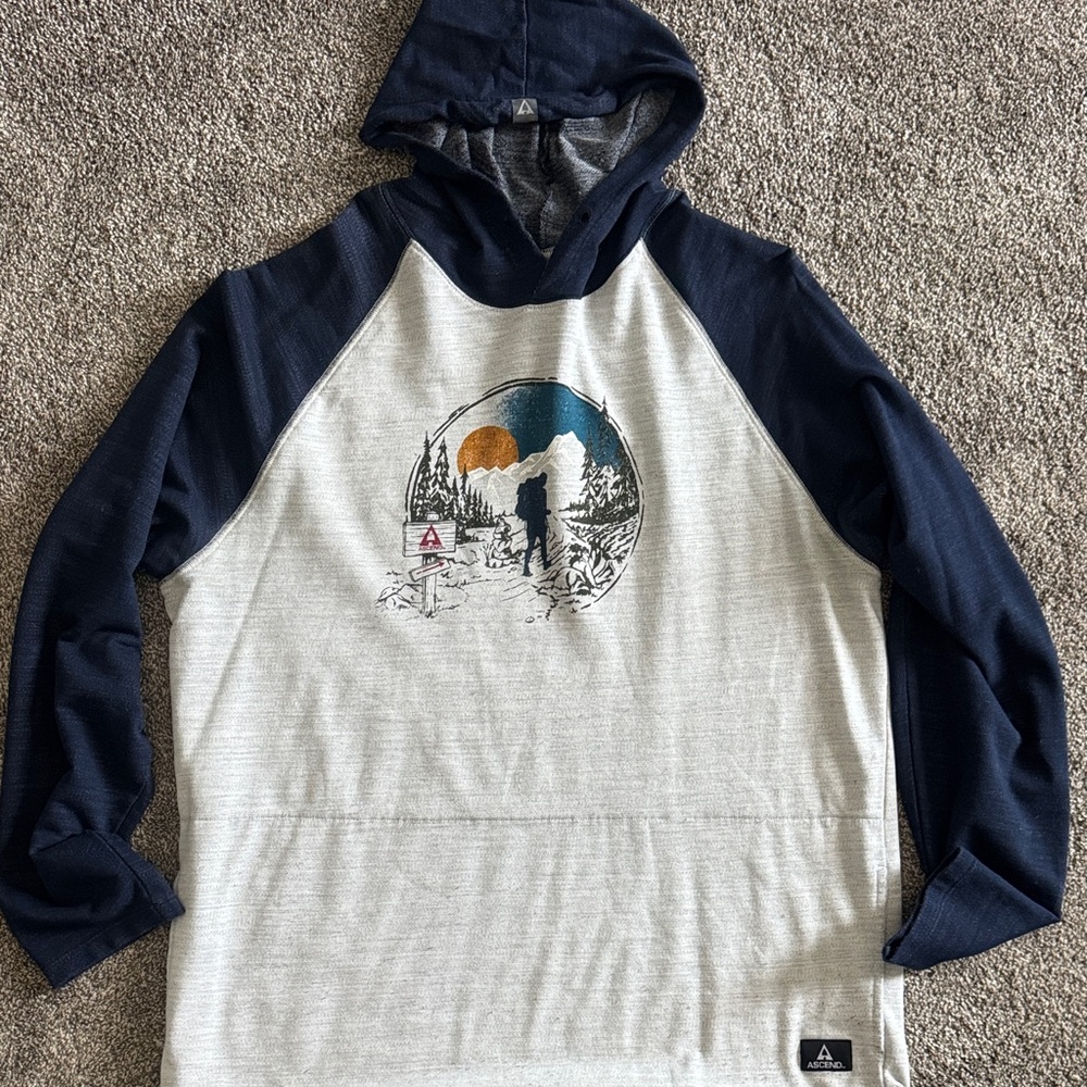 Ascend Men’s Navy and Heather Gray Hooded Raglan Pullover with Outdoor Graphic